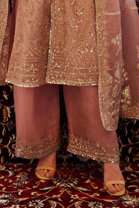 Lashkaraa Pink Net, Silk Sequins, Stones, Zari V-neck Floral Embroidered Kurta Palazzo Set Online at Aza Fashions Lashkaraa_Pink Net, Silk Sequins, Stones, Zari V-neck Floral Embroidered Kurta Palazzo Set_Online_at_Aza_Fashions