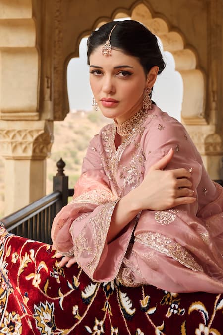 Buy Lashkaraa Pink Net, Silk Sequins, Stones, Zari V-neck Floral Embroidered Kurta Palazzo Set Online at Aza Fashions Buy_Lashkaraa_Pink Net, Silk Sequins, Stones, Zari V-neck Floral Embroidered Kurta Palazzo Set_Online_at_Aza_Fashions
