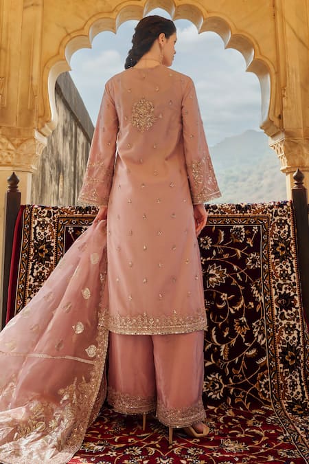 Shop Lashkaraa Pink Net, Silk Sequins, Stones, Zari V-neck Floral Embroidered Kurta Palazzo Set at Aza Fashions Shop_Lashkaraa_Pink Net, Silk Sequins, Stones, Zari V-neck Floral Embroidered Kurta Palazzo Set_at_Aza_Fashions