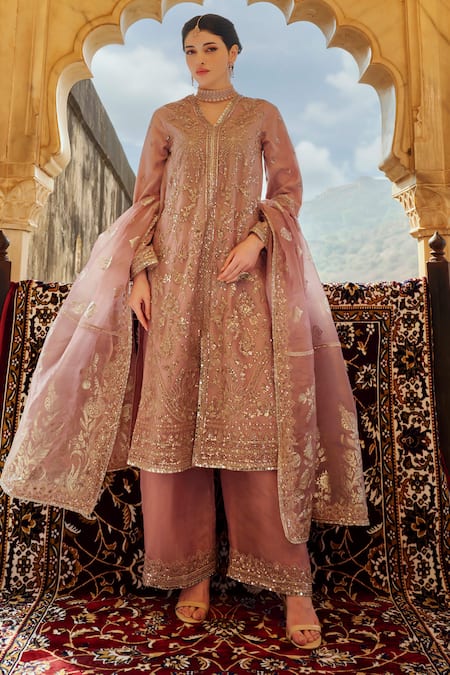 Shop Lashkaraa Pink Net, Silk Sequins, Stones, Zari V-neck Floral Embroidered Kurta Palazzo Set Online at Aza Fashions Shop_Lashkaraa_Pink Net, Silk Sequins, Stones, Zari V-neck Floral Embroidered Kurta Palazzo Set_Online_at_Aza_Fashions