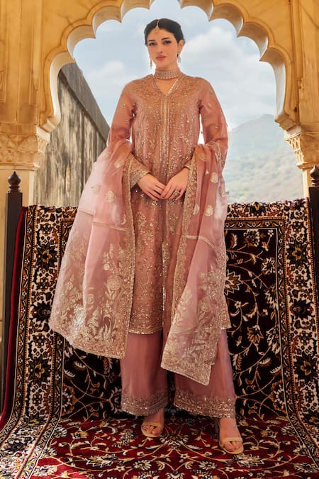Lashkaraa Pink Net, Silk Sequins, Stones, Zari V-neck Floral Embroidered Kurta Palazzo Set 