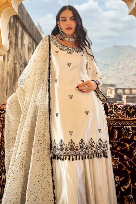 Buy Lashkaraa White Satin, Net Sequins, Beads, Zari, Contrast Floral Kurta Sharara Set Online at Aza Fashions Buy_Lashkaraa_White Satin, Net Sequins, Beads, Zari, Contrast Floral Kurta Sharara Set _Online_at_Aza_Fashions