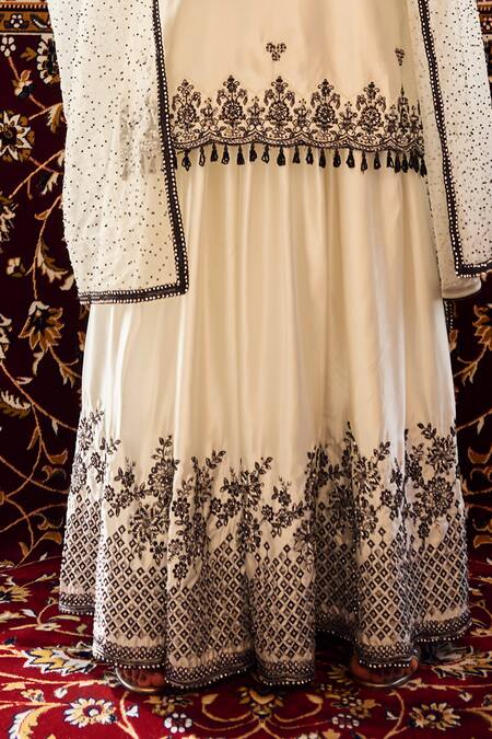 Shop Lashkaraa White Satin, Net Sequins, Beads, Zari, Contrast Floral Kurta Sharara Set Online at Aza Fashions Shop_Lashkaraa_White Satin, Net Sequins, Beads, Zari, Contrast Floral Kurta Sharara Set _Online_at_Aza_Fashions