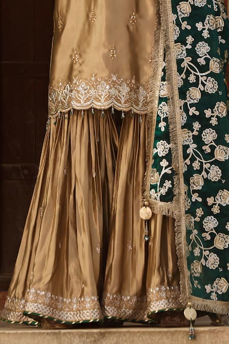 Lashkaraa Gold Satin, Silk Zari, Sequins V-neck Floral Embroidered Kurta Sharara Set Online at Aza Fashions Lashkaraa_Gold Satin, Silk Zari, Sequins V-neck Floral Embroidered Kurta Sharara Set_Online_at_Aza_Fashions