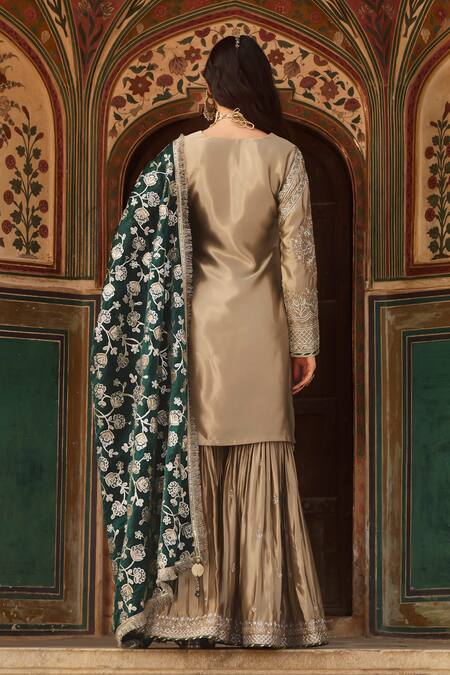 Shop Lashkaraa Gold Satin, Silk Zari, Sequins V-neck Floral Embroidered Kurta Sharara Set at Aza Fashions Shop_Lashkaraa_Gold Satin, Silk Zari, Sequins V-neck Floral Embroidered Kurta Sharara Set_at_Aza_Fashions