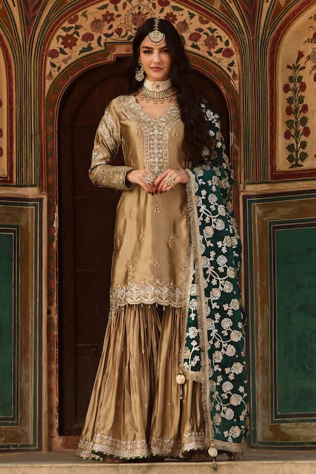 Lashkaraa Gold Satin, Silk Zari, Sequins V-neck Floral Embroidered Kurta Sharara Set 