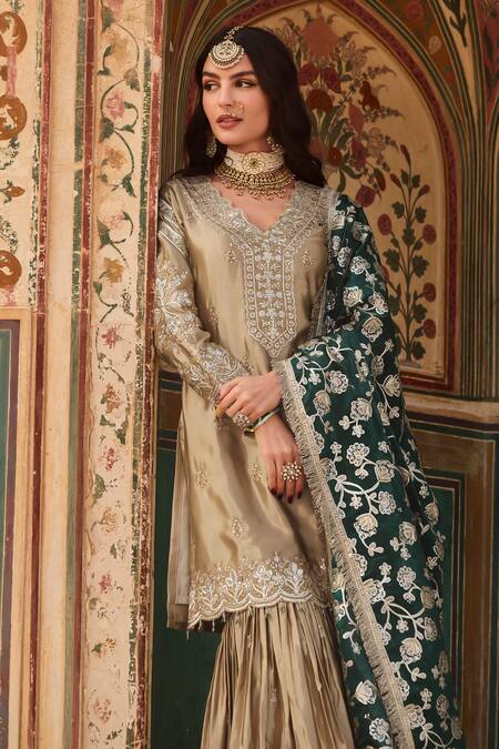 Buy Lashkaraa Gold Satin, Silk Zari, Sequins V-neck Floral Embroidered Kurta Sharara Set Online at Aza Fashions Buy_Lashkaraa_Gold Satin, Silk Zari, Sequins V-neck Floral Embroidered Kurta Sharara Set_Online_at_Aza_Fashions