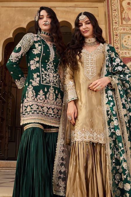 Lashkaraa Gold Satin, Silk Zari, Sequins V-neck Floral Embroidered Kurta Sharara Set at Aza Fashions Lashkaraa_Gold Satin, Silk Zari, Sequins V-neck Floral Embroidered Kurta Sharara Set_at_Aza_Fashions