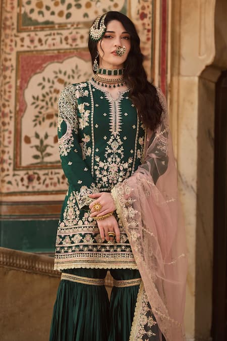 Lashkaraa Green Net, Satin Sequins, Embroidery, Zari Collared Floral Kurta Sharara Set 