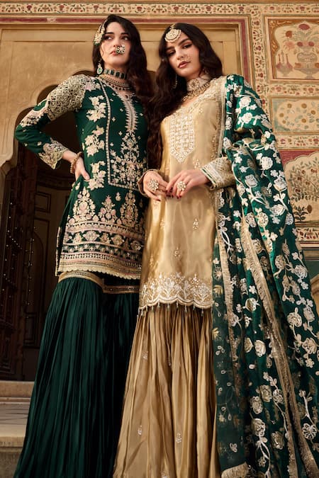 Buy Lashkaraa Green Net, Satin Sequins, Embroidery, Zari Collared Floral Kurta Sharara Set Online at Aza Fashions Buy_Lashkaraa_Green Net, Satin Sequins, Embroidery, Zari Collared Floral Kurta Sharara Set _Online_at_Aza_Fashions