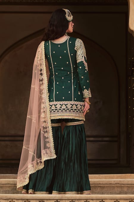 Lashkaraa Green Net, Satin Sequins, Embroidery, Zari Collared Floral Kurta Sharara Set Online at Aza Fashions Lashkaraa_Green Net, Satin Sequins, Embroidery, Zari Collared Floral Kurta Sharara Set _Online_at_Aza_Fashions