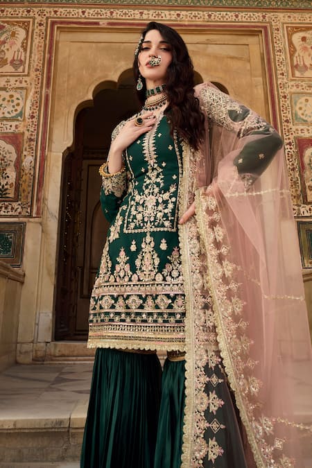 Shop Lashkaraa Green Net, Satin Sequins, Embroidery, Zari Collared Floral Kurta Sharara Set Online at Aza Fashions Shop_Lashkaraa_Green Net, Satin Sequins, Embroidery, Zari Collared Floral Kurta Sharara Set _Online_at_Aza_Fashions
