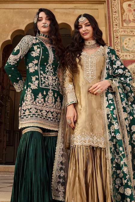 Lashkaraa Green Net, Satin Sequins, Embroidery, Zari Collared Floral Kurta Sharara Set at Aza Fashions Lashkaraa_Green Net, Satin Sequins, Embroidery, Zari Collared Floral Kurta Sharara Set _at_Aza_Fashions