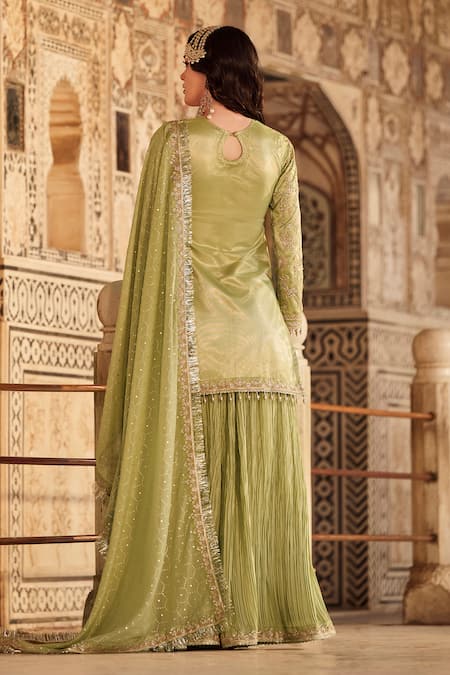 Lashkaraa Green Net, Georgette Sequins, Zari Round Floral Embroidered Kurta Sharara Set Online at Aza Fashions Lashkaraa_Green Net, Georgette Sequins, Zari Round Floral Embroidered Kurta Sharara Set _Online_at_Aza_Fashions