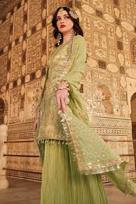 Buy Lashkaraa Green Net, Georgette Sequins, Zari Round Floral Embroidered Kurta Sharara Set Online at Aza Fashions Buy_Lashkaraa_Green Net, Georgette Sequins, Zari Round Floral Embroidered Kurta Sharara Set _Online_at_Aza_Fashions
