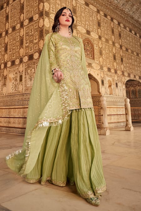 Shop Lashkaraa Green Net, Georgette Sequins, Zari Round Floral Embroidered Kurta Sharara Set Online at Aza Fashions Shop_Lashkaraa_Green Net, Georgette Sequins, Zari Round Floral Embroidered Kurta Sharara Set _Online_at_Aza_Fashions