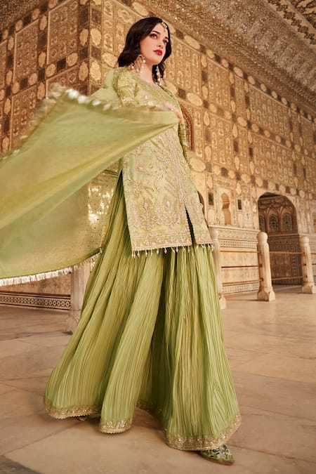 Lashkaraa Green Net, Georgette Sequins, Zari Round Floral Embroidered Kurta Sharara Set at Aza Fashions Lashkaraa_Green Net, Georgette Sequins, Zari Round Floral Embroidered Kurta Sharara Set _at_Aza_Fashions