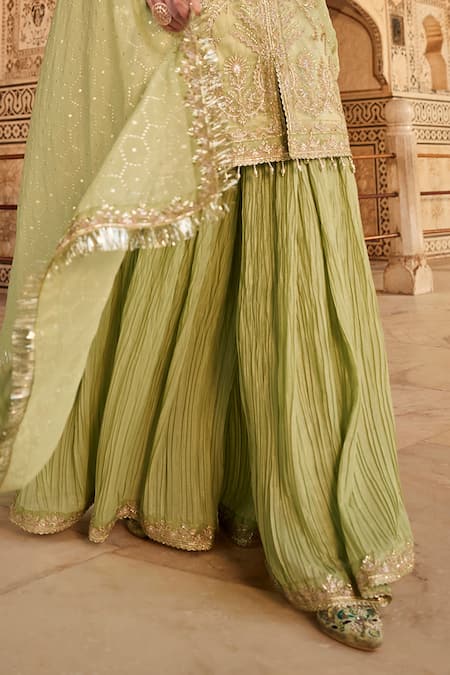 Buy Lashkaraa Green Net, Georgette Sequins, Zari Round Floral Embroidered Kurta Sharara Set Buy_Lashkaraa_Green Net, Georgette Sequins, Zari Round Floral Embroidered Kurta Sharara Set