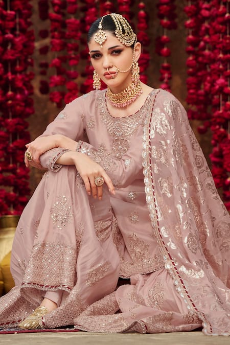 Lashkaraa Pink Tissue, Organza Zari, Sequins, Embroidery Round Neck Floral Kurta Set Online at Aza Fashions Lashkaraa_Pink Tissue, Organza Zari, Sequins, Embroidery Round Neck Floral Kurta Set_Online_at_Aza_Fashions