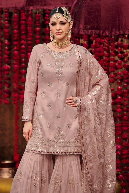 Buy Lashkaraa Pink Tissue, Organza Zari, Sequins, Embroidery Round Neck Floral Kurta Set Online at Aza Fashions Buy_Lashkaraa_Pink Tissue, Organza Zari, Sequins, Embroidery Round Neck Floral Kurta Set_Online_at_Aza_Fashions