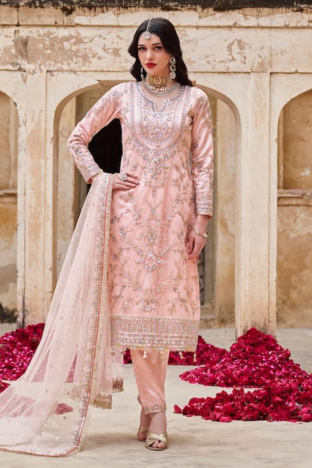 Lashkaraa Pink Net, Satin Sequins, Zari Split V-neck Floral Embroidered Kurta Set 