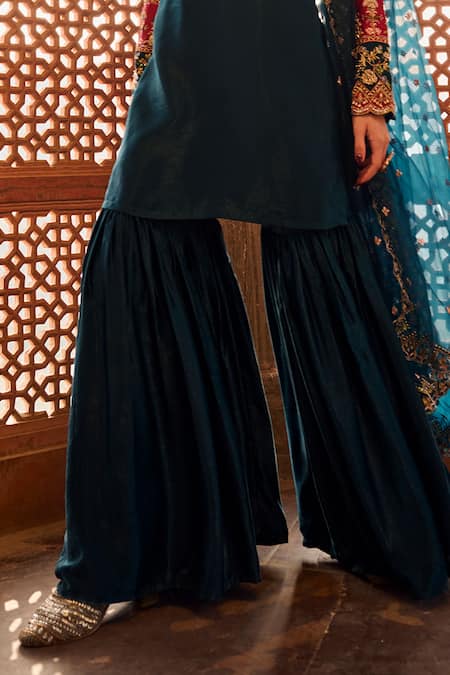 Lashkaraa_Blue Satin, Net Zari, Sequins Split V-neck Floral Embroidered Kurta Sharara Set_Online_at_Aza_Fashions