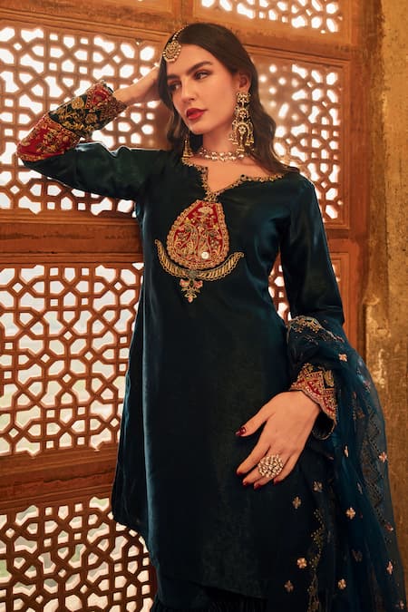 Buy_Lashkaraa_Blue Satin, Net Zari, Sequins Split V-neck Floral Embroidered Kurta Sharara Set_Online_at_Aza_Fashions