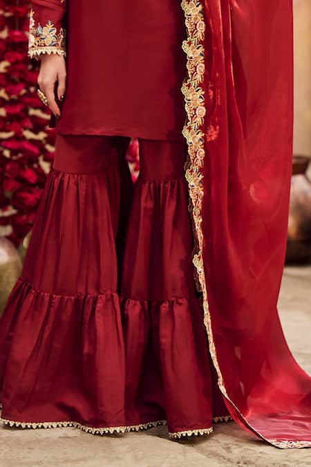 Buy Lashkaraa Maroon Silk, Net Embroidery, Sequins, Zari Split V-neck Kurta Gharara Set Online at Aza Fashions Buy_Lashkaraa_Maroon Silk, Net Embroidery, Sequins, Zari Split V-neck Kurta Gharara Set _Online_at_Aza_Fashions