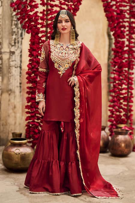 Lashkaraa Maroon Silk, Net Embroidery, Sequins, Zari Split V-neck Kurta Gharara Set 