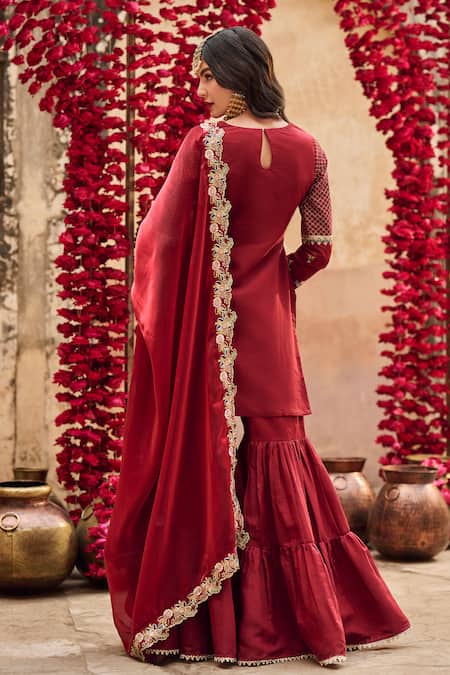 Lashkaraa Maroon Silk, Net Embroidery, Sequins, Zari Split V-neck Kurta Gharara Set Online at Aza Fashions Lashkaraa_Maroon Silk, Net Embroidery, Sequins, Zari Split V-neck Kurta Gharara Set _Online_at_Aza_Fashions