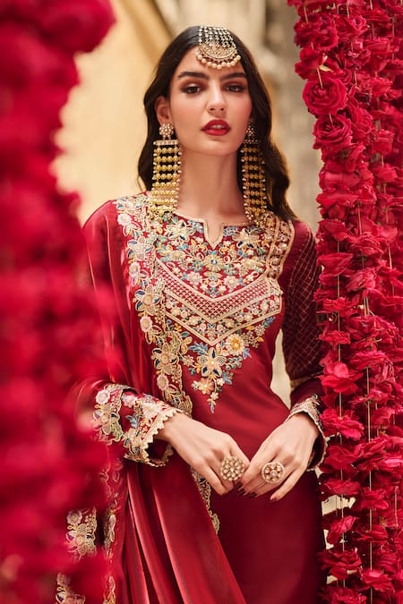 Shop Lashkaraa Maroon Silk, Net Embroidery, Sequins, Zari Split V-neck Kurta Gharara Set Online at Aza Fashions Shop_Lashkaraa_Maroon Silk, Net Embroidery, Sequins, Zari Split V-neck Kurta Gharara Set _Online_at_Aza_Fashions