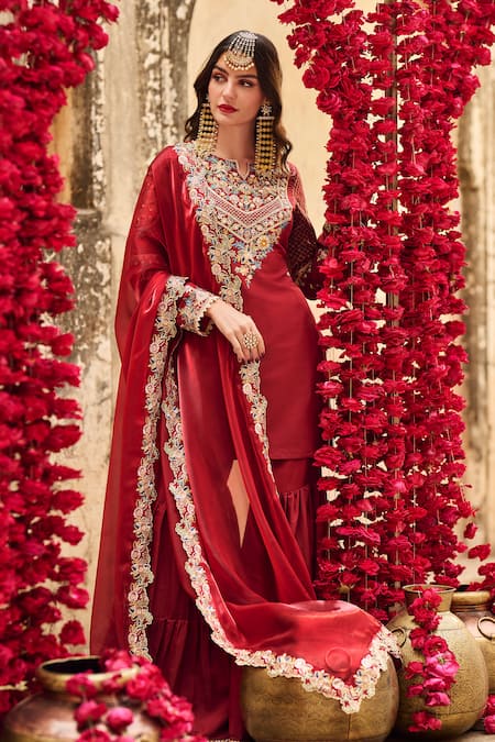 Lashkaraa Maroon Silk, Net Embroidery, Sequins, Zari Split V-neck Kurta Gharara Set at Aza Fashions Lashkaraa_Maroon Silk, Net Embroidery, Sequins, Zari Split V-neck Kurta Gharara Set _at_Aza_Fashions