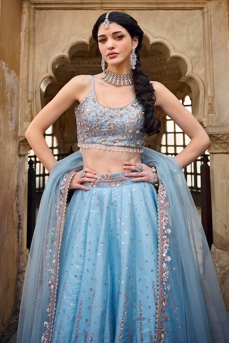 Shop Lashkaraa Blue Organza, Net Embroidery, Sequins, Zari Round Neck Floral Lehenga Set Online at Aza Fashions Shop_Lashkaraa_Blue Organza, Net Embroidery, Sequins, Zari Round Neck Floral Lehenga Set _Online_at_Aza_Fashions