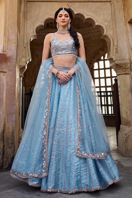 Lashkaraa Blue Organza, Net Embroidery, Sequins, Zari Round Neck Floral Lehenga Set 