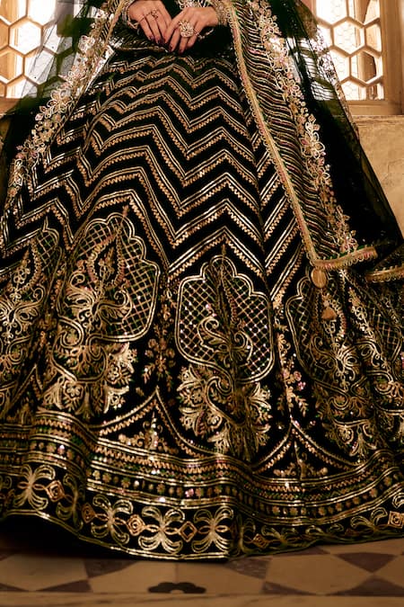 Shop Lashkaraa Black Organza, Net Zari, Sequins V-neck Chevron Embroidered Lehenga Set Online at Aza Fashions Shop_Lashkaraa_Black Organza, Net Zari, Sequins V-neck Chevron Embroidered Lehenga Set _Online_at_Aza_Fashions