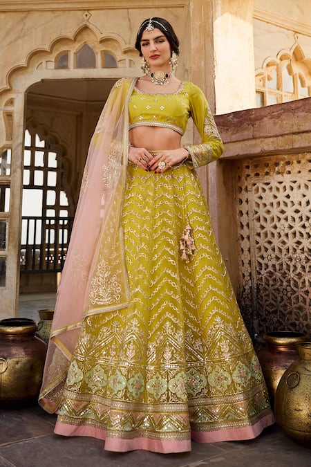 Lashkaraa Yellow Net Sequins, Zari, Embroidery Round Neck Floral Lehenga Set 
