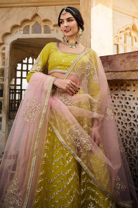 Lashkaraa_Yellow Net Sequins, Zari, Embroidery Round Neck Floral Lehenga Set_at_Aza_Fashions