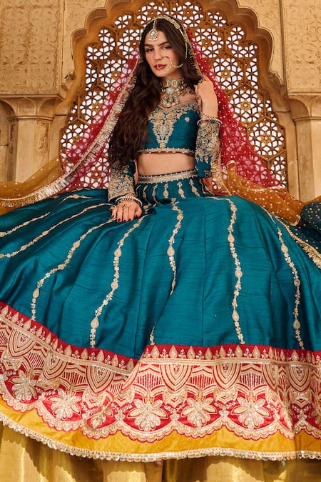 Shop Lashkaraa Blue Silk, Net Sequins, Zari Embroidered Teal Lehenga Set Online at Aza Fashions Shop_Lashkaraa_Blue Silk, Net Sequins, Zari Embroidered Teal Lehenga Set _Online_at_Aza_Fashions