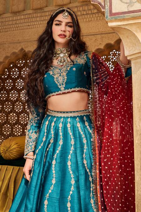 Lashkaraa Blue Silk, Net Sequins, Zari Embroidered Teal Lehenga Set at Aza Fashions Lashkaraa_Blue Silk, Net Sequins, Zari Embroidered Teal Lehenga Set _at_Aza_Fashions