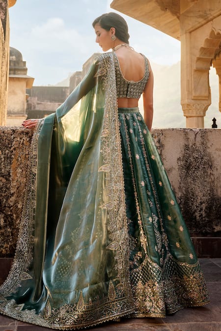 Lashkaraa Blue Organza Embroidery, Sequins, Zari Round Neck Floral Lehenga And Blouse Set Online at Aza Fashions Lashkaraa_Blue Organza Embroidery, Sequins, Zari Round Neck Floral Lehenga And Blouse Set _Online_at_Aza_Fashions