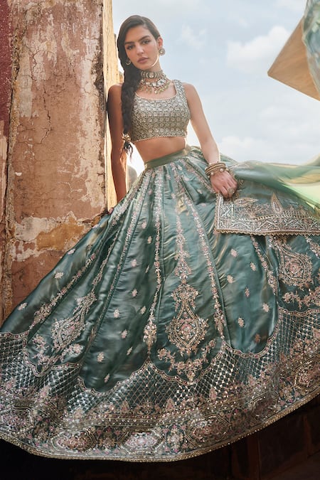 Shop Lashkaraa Blue Organza Embroidery, Sequins, Zari Round Neck Floral Lehenga And Blouse Set Online at Aza Fashions Shop_Lashkaraa_Blue Organza Embroidery, Sequins, Zari Round Neck Floral Lehenga And Blouse Set _Online_at_Aza_Fashions