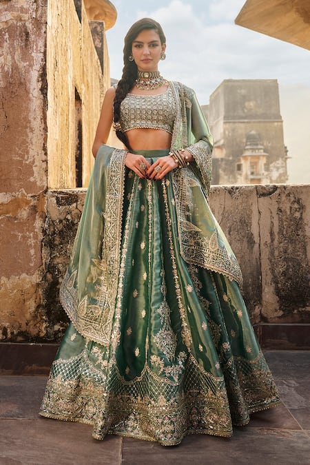 Lashkaraa Blue Organza Embroidery, Sequins, Zari Round Neck Floral Lehenga And Blouse Set 