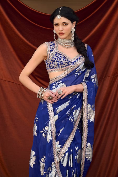 Lashkaraa_Blue Georgette, Net Foil Printing, Floral Pre-draped Saree With Blouse_Online_at_Aza_Fashions