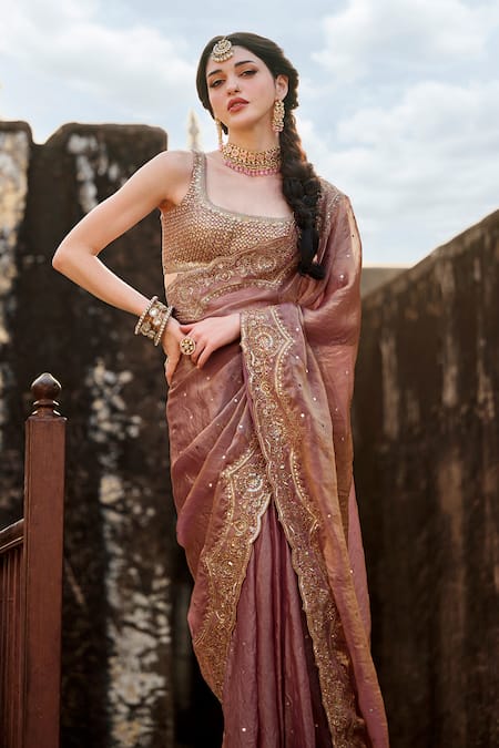 Buy_Lashkaraa_Pink Silk, Net Zari, Sequins, Floral Embroidered Pre-draped Saree With Blouse _Online_at_Aza_Fashions
