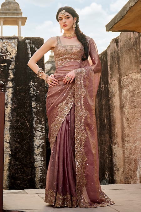 Lashkaraa Pink Net, Silk Sequins, Zari, Embroidery, Foil Printing Floral Saree And Blouse