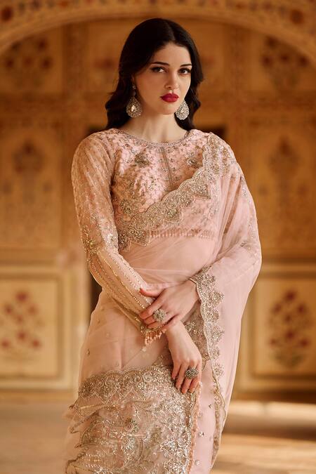 Lashkaraa_Pink Net Embroidery, Sequins, Zari Round Neck Floral Scallop Hem Saree_Online_at_Aza_Fashions