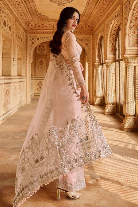 Buy_Lashkaraa_Pink Net Embroidery, Sequins, Zari Round Neck Floral Scallop Hem Saree_Online_at_Aza_Fashions