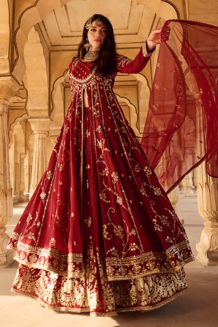 Buy Lashkaraa Maroon Georgette, Net, Satin Zari, Sequins Floral Embroidered Anarkali Set Online at Aza Fashions Buy_Lashkaraa_Maroon Georgette, Net, Satin Zari, Sequins Floral Embroidered Anarkali Set _Online_at_Aza_Fashions