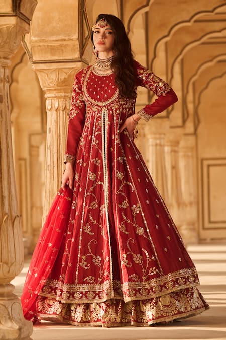 Lashkaraa Maroon Georgette, Net, Satin Zari, Sequins Floral Embroidered Anarkali Set 