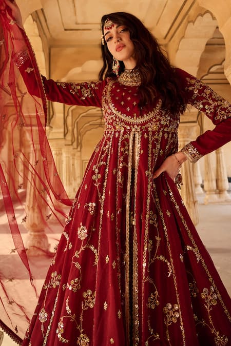Shop Lashkaraa Maroon Georgette, Net, Satin Zari, Sequins Floral Embroidered Anarkali Set Online at Aza Fashions Shop_Lashkaraa_Maroon Georgette, Net, Satin Zari, Sequins Floral Embroidered Anarkali Set _Online_at_Aza_Fashions
